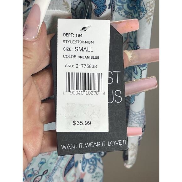 Almost Famous Boho Blouse,Wrinkle Resistant, Three-Quarter Sleeve, Aqua, White S - Picture 5 of 11